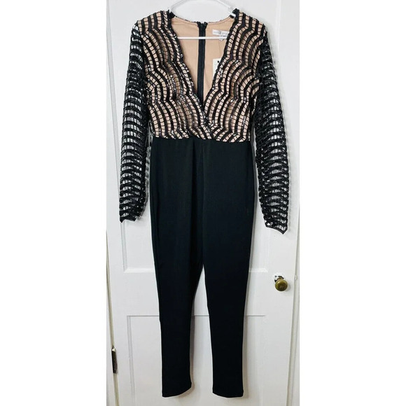 Rare London Jumpsuit Sz M 6 Womens Black Sequin Open Knit V-Neck NWT - Picture 1 of 13